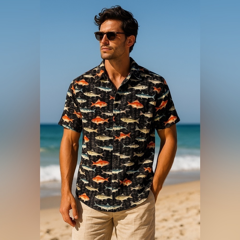 Men's Black Fish Print button down Shirt medium EUC